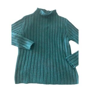 Vintage IVY Womens M Teal Multi Ramie Blend Ribbed Knit Sweater Hi Neck Spring
